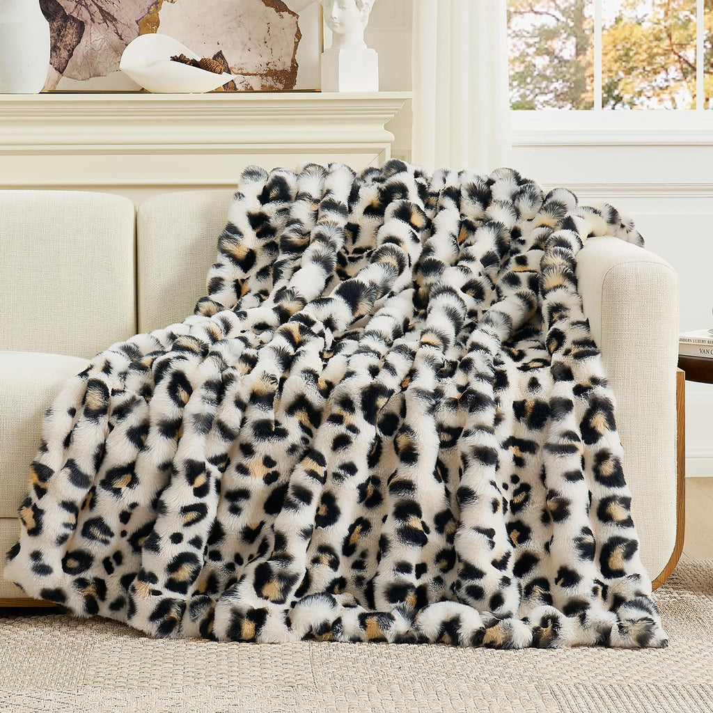 Cozy Bliss Faux Fur Throw Blanket for Couch, Fuzzy Soft Plush Thick Bubble Blanket for Sofa Bedroom Living Room, 50 * 60 Inches Cream White