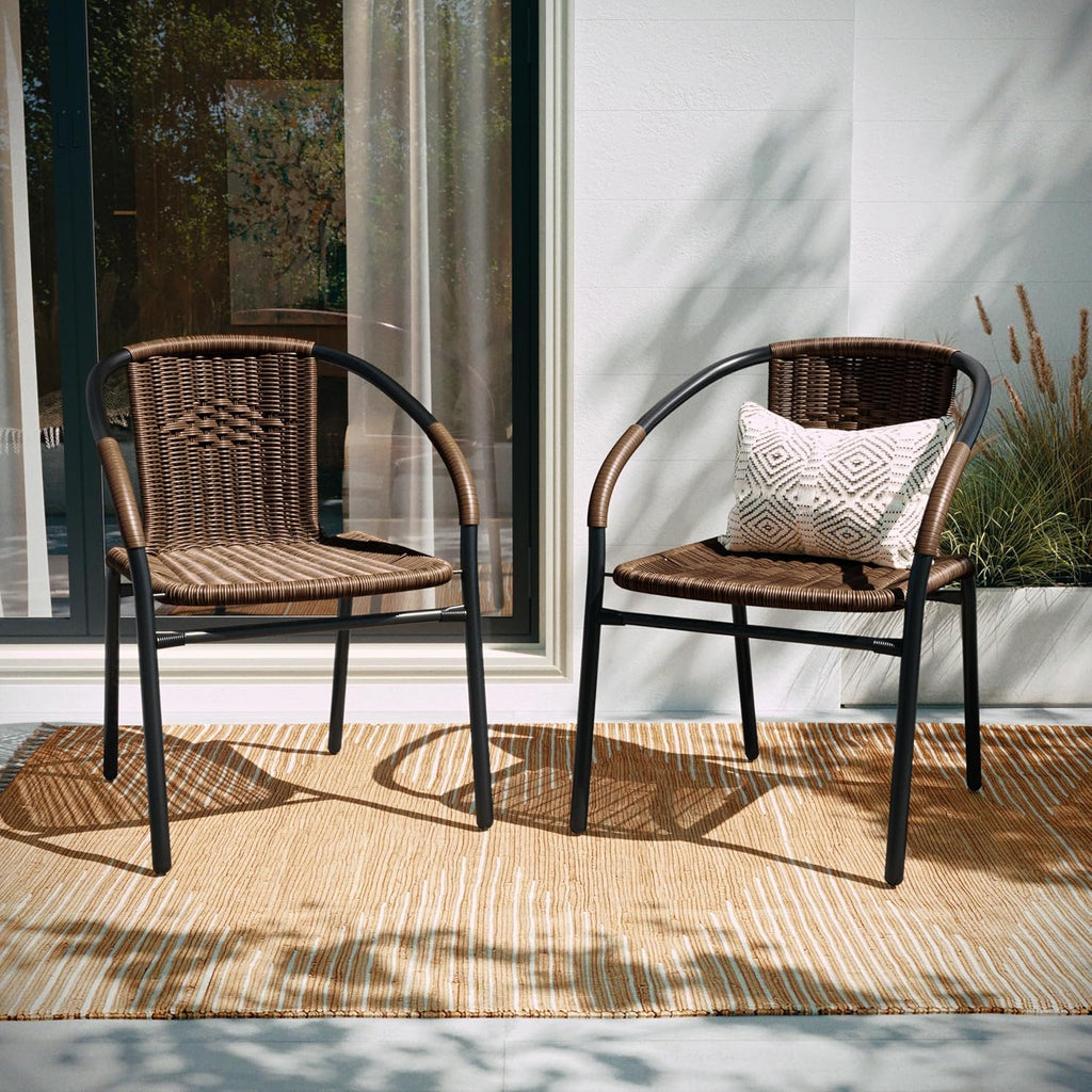 EMMA + OLIVER Set of 2 Modern PE Rattan Stack Chairs, Indoor/Outdoor Patio Dining Chairs, No Assembly Required, Brown