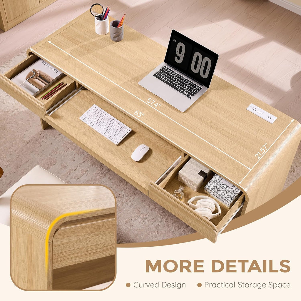 Natural 63" Modern Wood Computer Desk with Drawers, Keyboard Tray & Power Outlet for Home Office