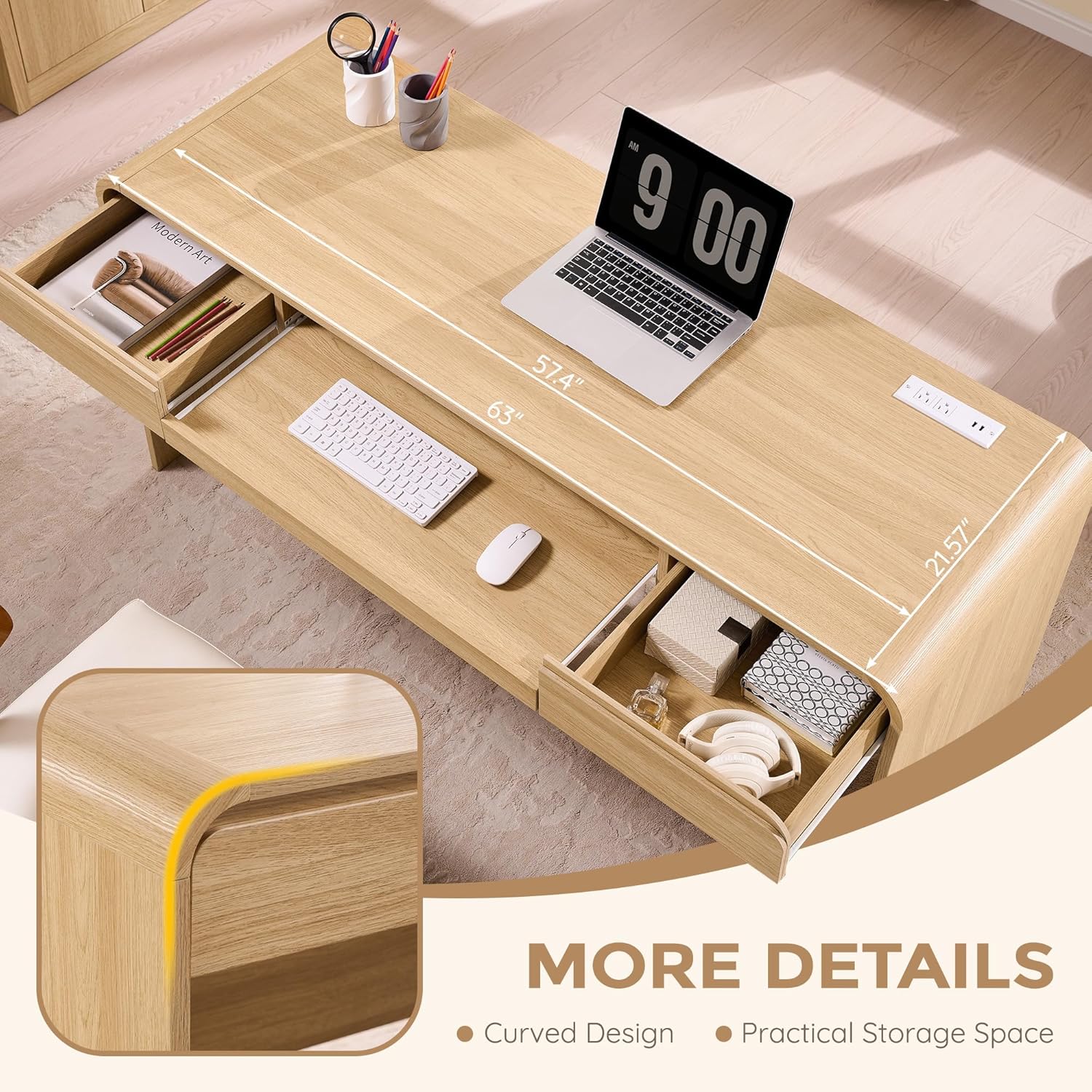 Natural 63" Modern Wood Computer Desk with Drawers, Keyboard Tray & Power Outlet for Home Office