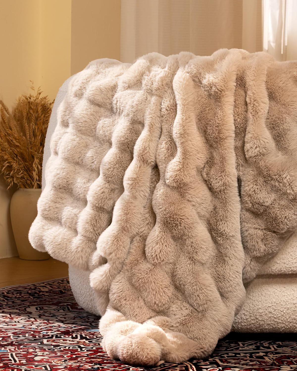 Ultra Soft Cozy Faux Fur Throw Blanket, Fuzzy Plush Thick Bubble Blanket, Oversize Luxury Fluffy Blanket for Couch, Sofa, Bedroom, and Living Room, 50x60 Inches, Light Brown