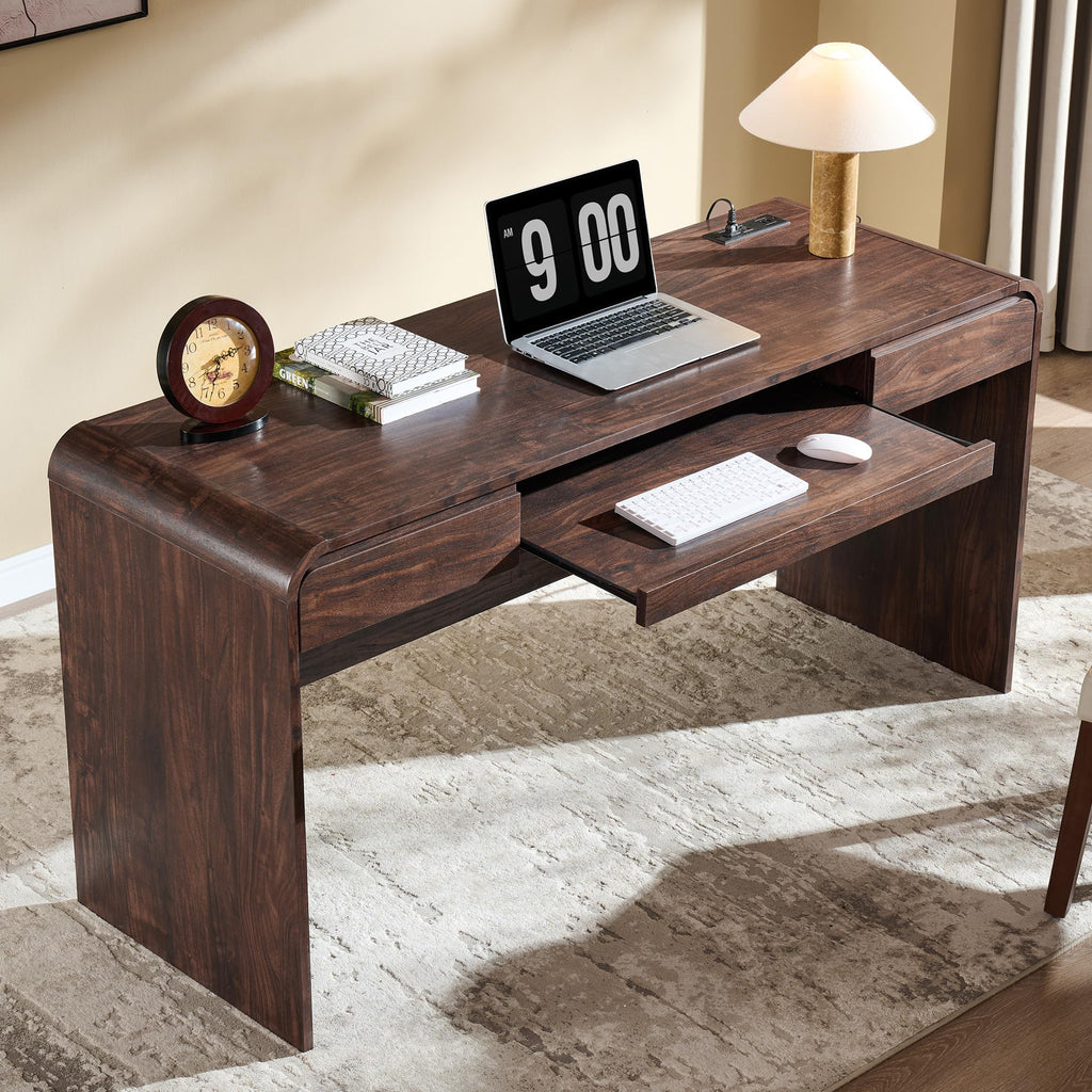 Natural 63" Modern Wood Computer Desk with Drawers, Keyboard Tray & Power Outlet for Home Office