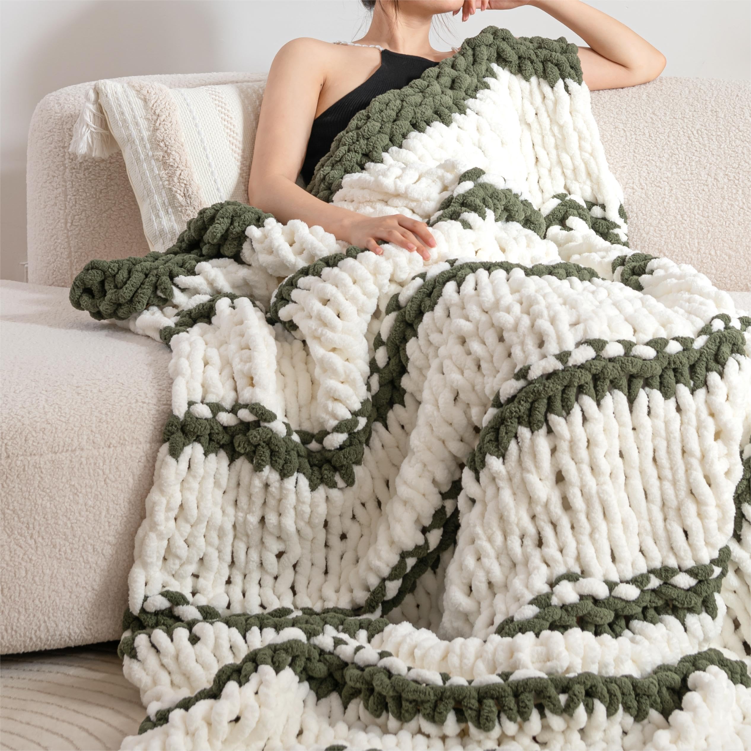 Chunky Knit Blanket Throw 51"×63" Knitted Throw Blankets for Couch Bed Fluffy Soft Blanket with Jumbo Chenille Yarn Thick 100% Handmade(Pink)