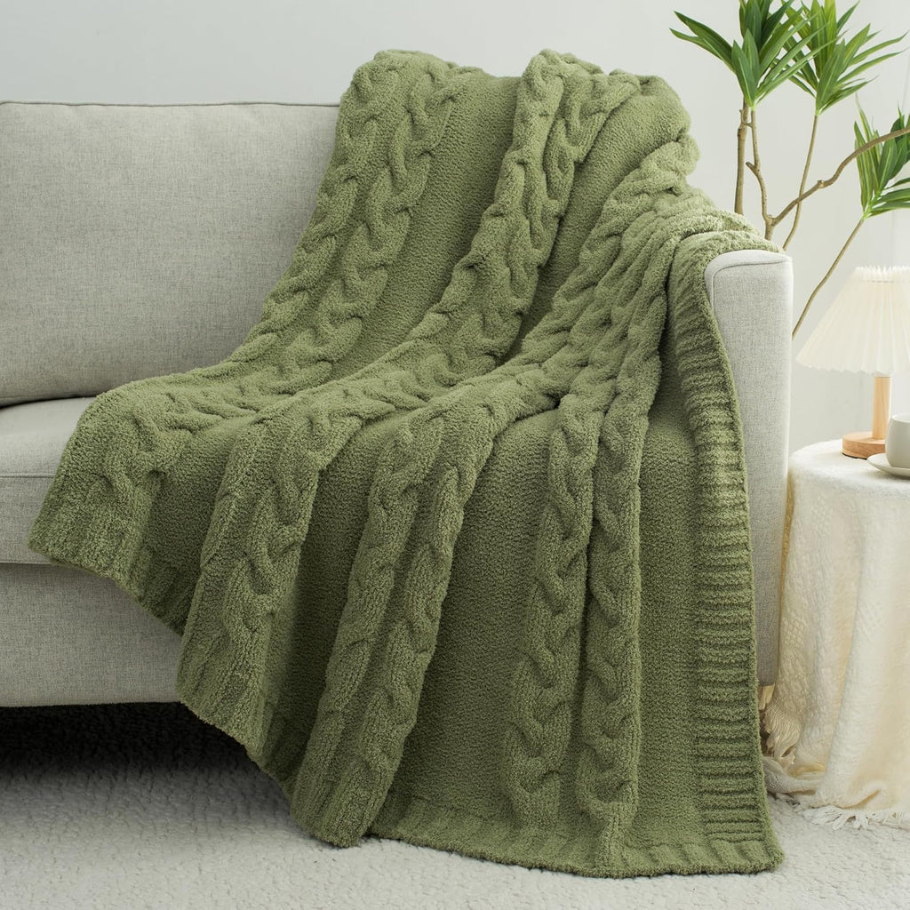 Chunky Knit Blanket Super Soft Cable Fluffy Microfiber Cozy Warm Winter Blankets for Couch Sofa Bed Twin Size 60"X80" Olive Green