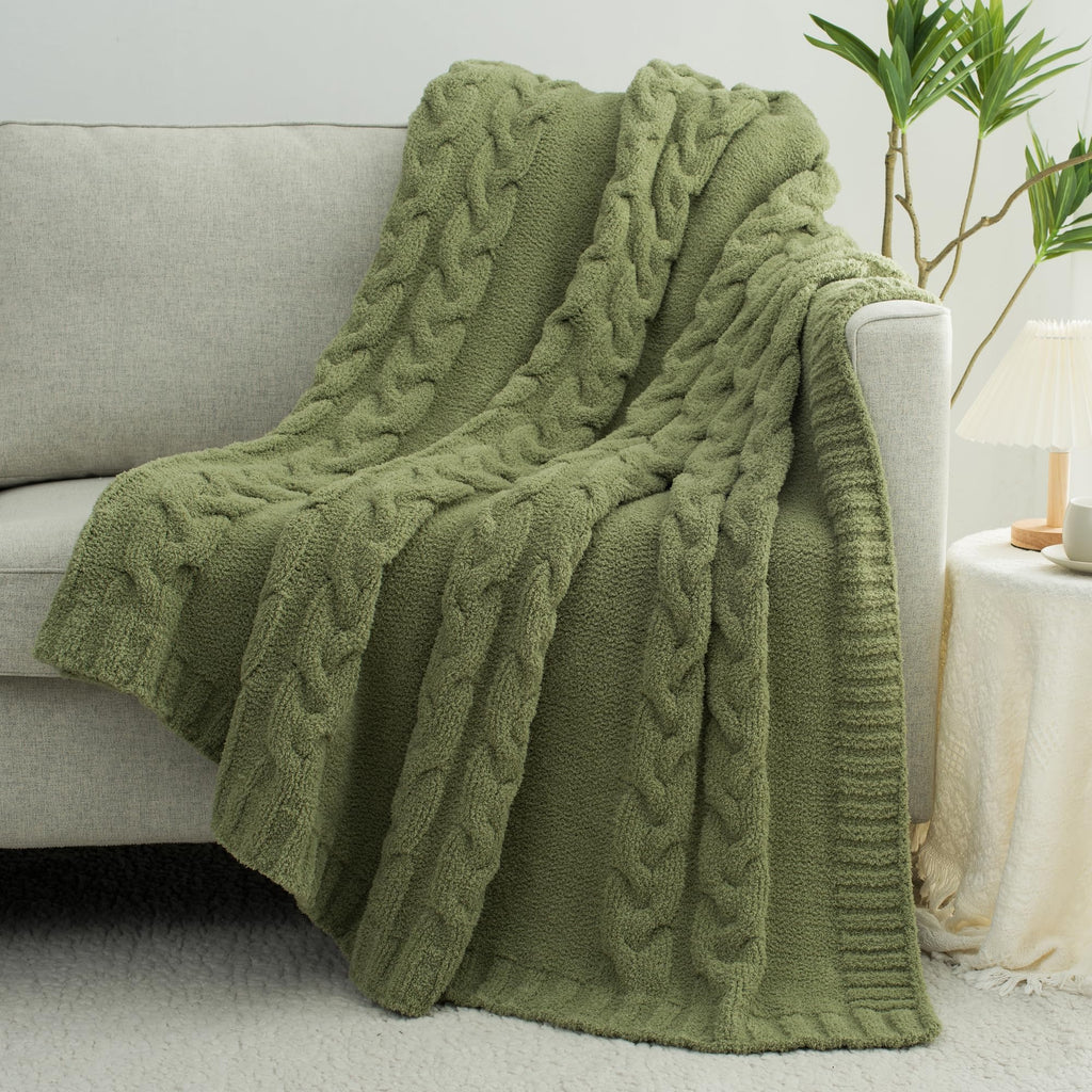 Chunky Knit Blanket Super Soft Cable Fluffy Microfiber Cozy Warm Winter Blankets for Couch Sofa Bed Twin Size 60"X80" Olive Green