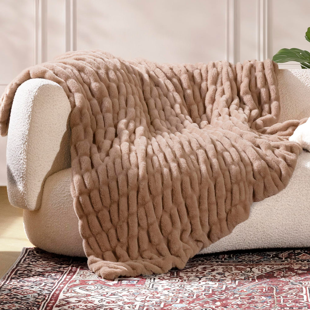 Ultra Soft Cozy Faux Fur Throw Blanket, Fuzzy Plush Thick Bubble Blanket, Oversize Luxury Fluffy Blanket for Couch, Sofa, Bedroom, and Living Room, 50x60 Inches, Light Brown