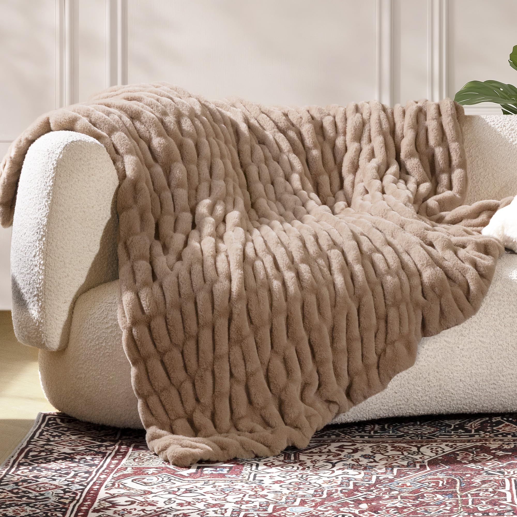 Ultra Soft Cozy Faux Fur Throw Blanket, Fuzzy Plush Thick Bubble Blanket, Oversize Luxury Fluffy Blanket for Couch, Sofa, Bedroom, and Living Room, 50x60 Inches, Light Brown