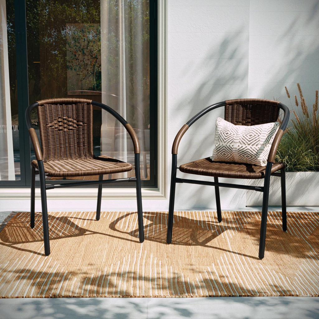 EMMA + OLIVER Set of 2 Modern PE Rattan Stack Chairs, Indoor/Outdoor Patio Dining Chairs, No Assembly Required, Brown