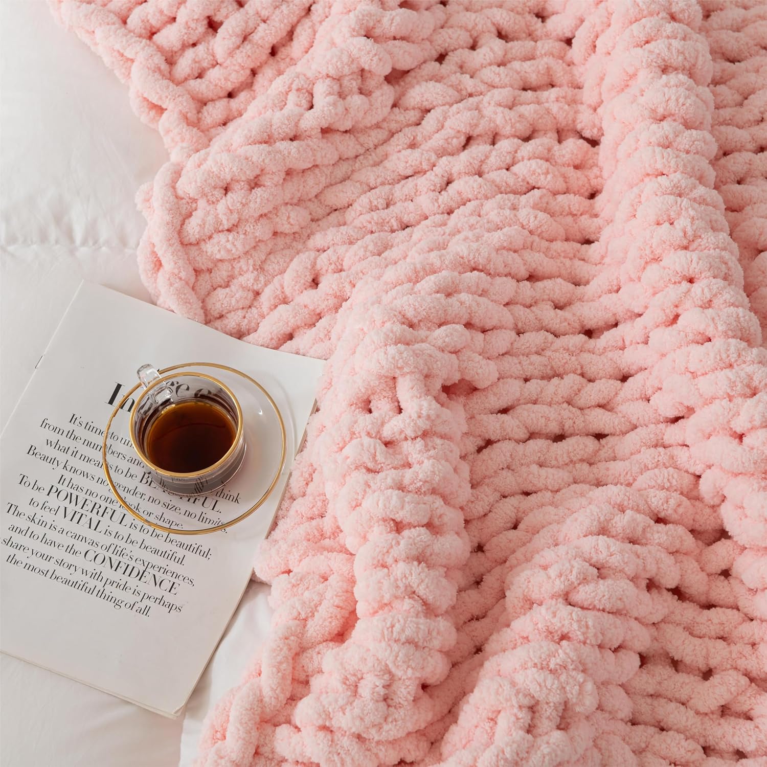 Chunky Knit Blanket Throw 51"×63" Knitted Throw Blankets for Couch Bed Fluffy Soft Blanket with Jumbo Chenille Yarn Thick 100% Handmade(Pink)