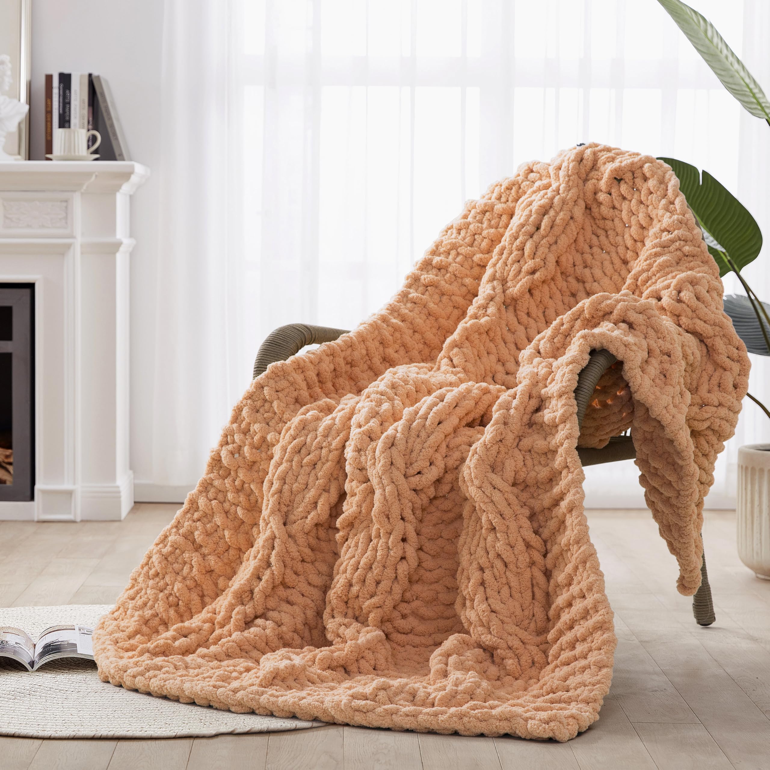 Chunky Knit Blanket Throw - 100% Hand Knitted Chunky Soft Throw Blanket for Couch, Thick and Warm Blanket for Winter, Purple, 50x60 Inches