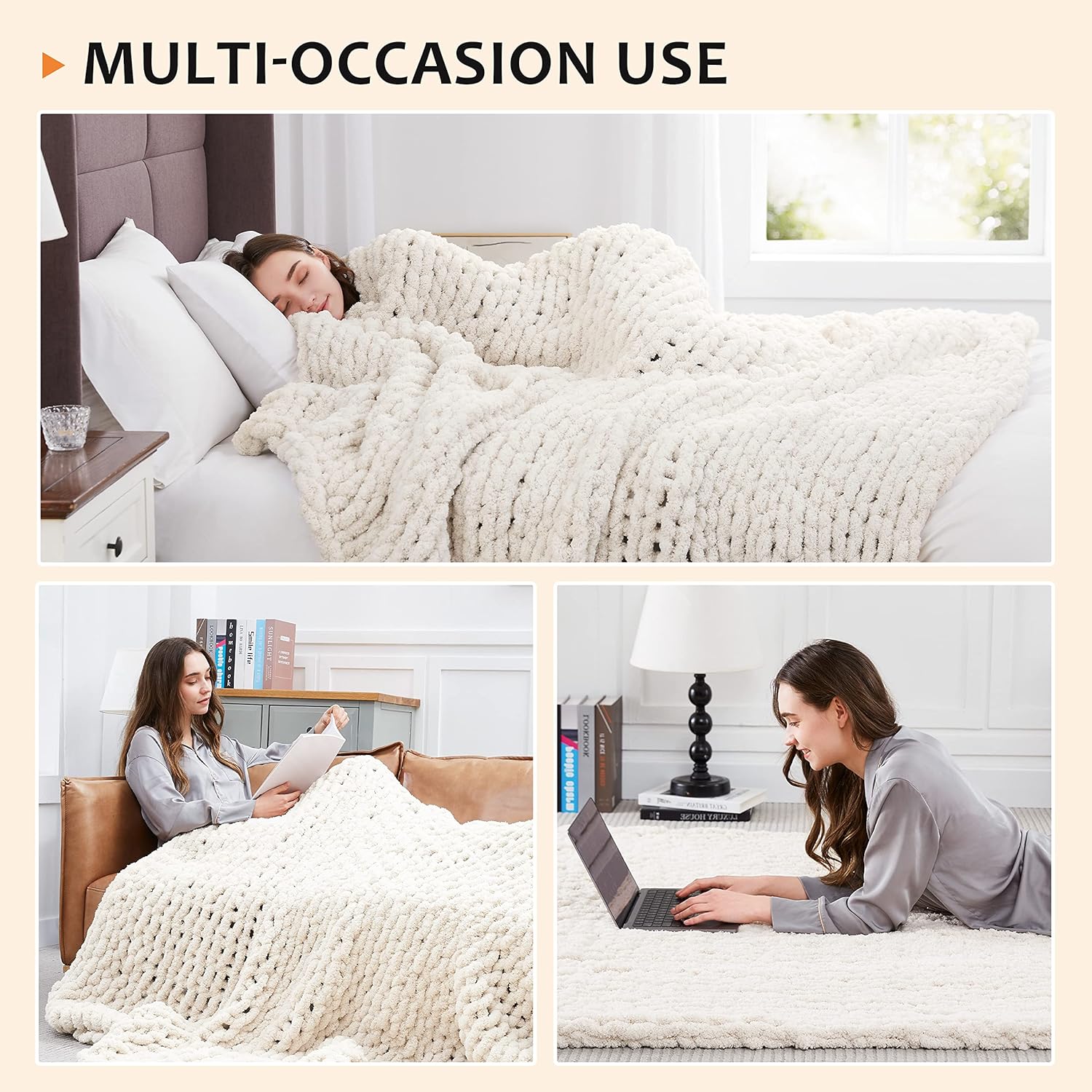 L'AGRATY Chunky Knit Blanket - Soft Chunky Throw 60x80 inches: 100% Hand Kintted Chenile Crochet Throw for Couch - Large Cable Knit Blanket for Home Decor (Ivory)