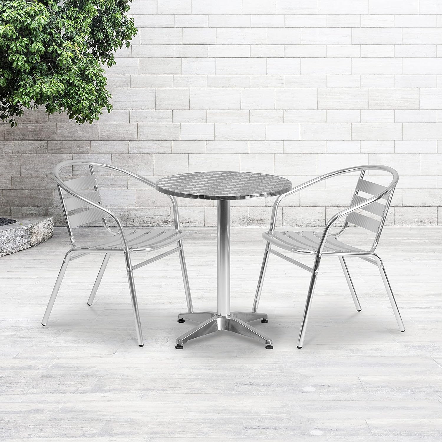 EMMA + OLIVER 23.5" Round Aluminum Table Set with 2 Slat Back Chairs