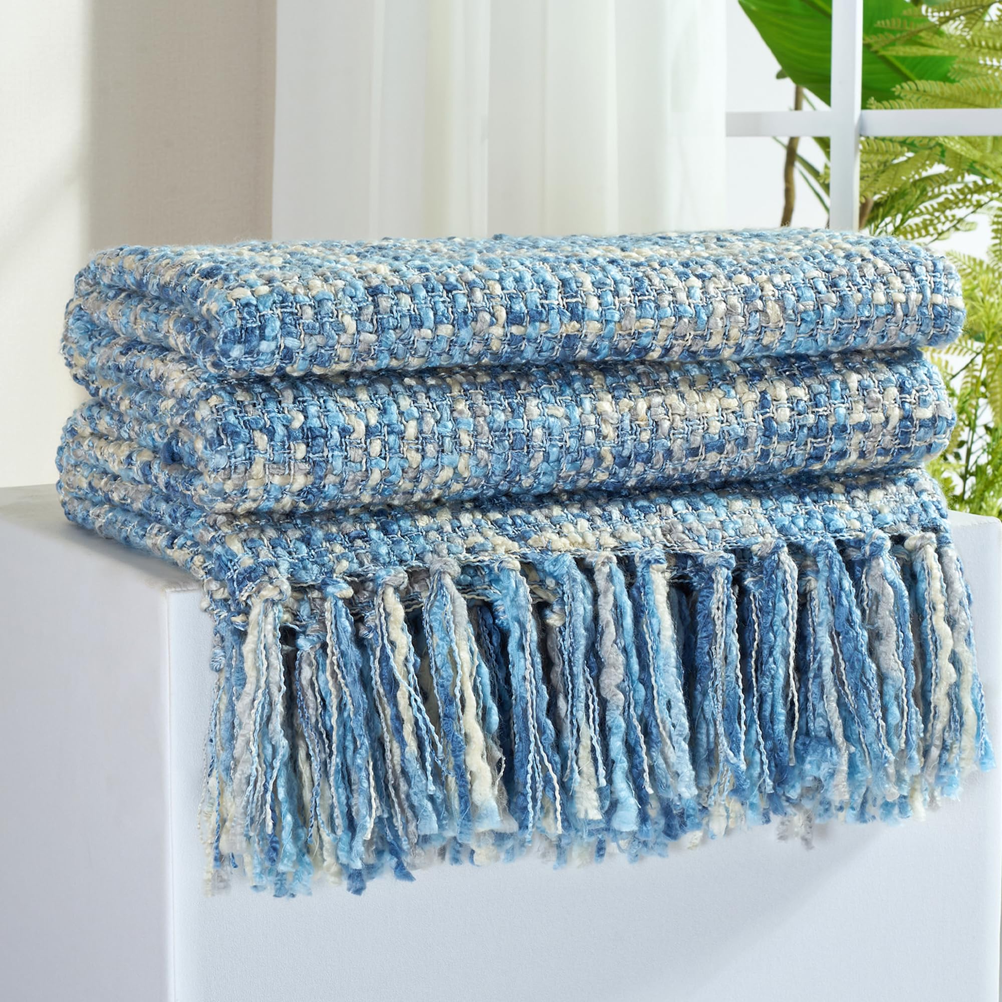 Multi-Color Green Cable Woven Throw Blanket for Couch,60"X80" Boho Style Textured Blankets for Home Decor,Super Soft Warm Cozy Chunky Blanket with Decorative Tassels for Bed and Sofa