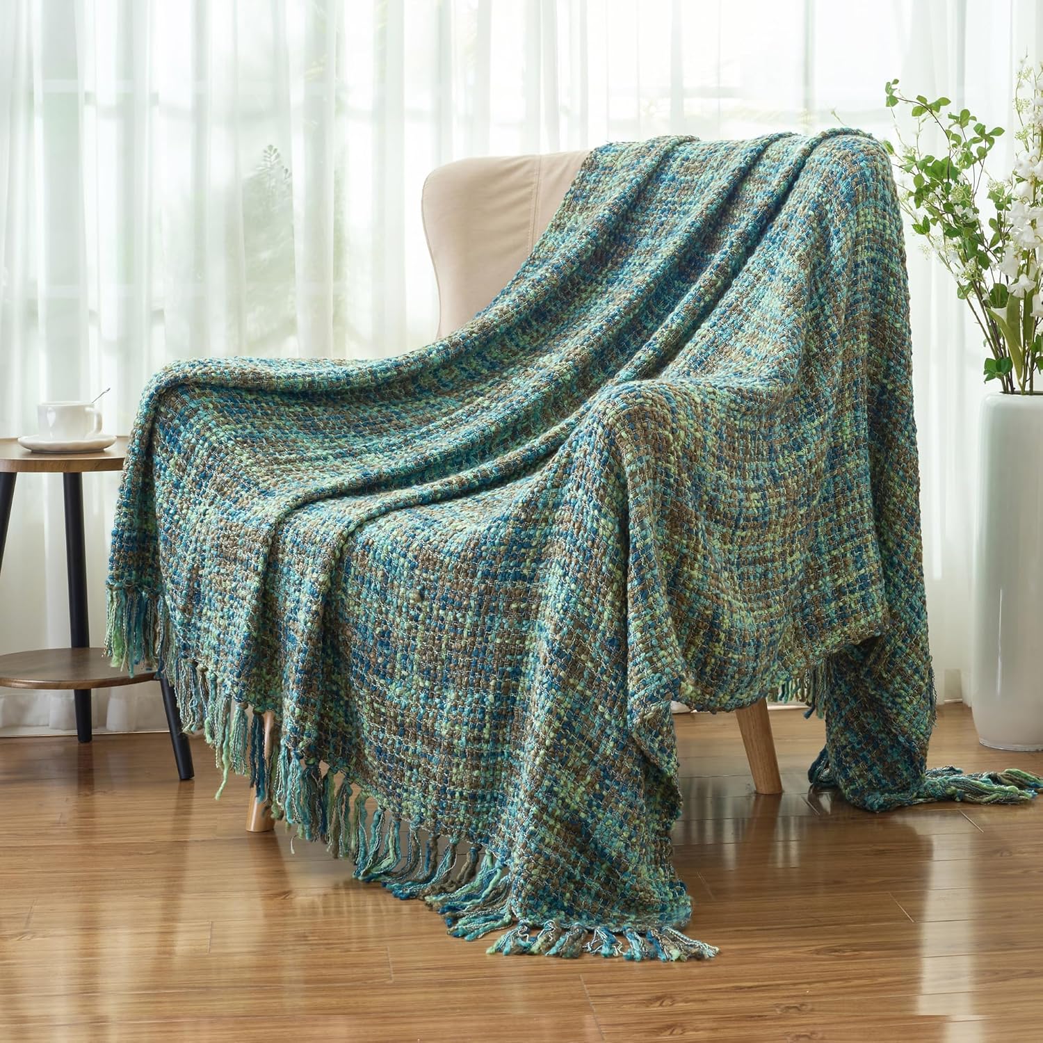 Multi-Color Green Cable Woven Throw Blanket for Couch,60"X80" Boho Style Textured Blankets for Home Decor,Super Soft Warm Cozy Chunky Blanket with Decorative Tassels for Bed and Sofa
