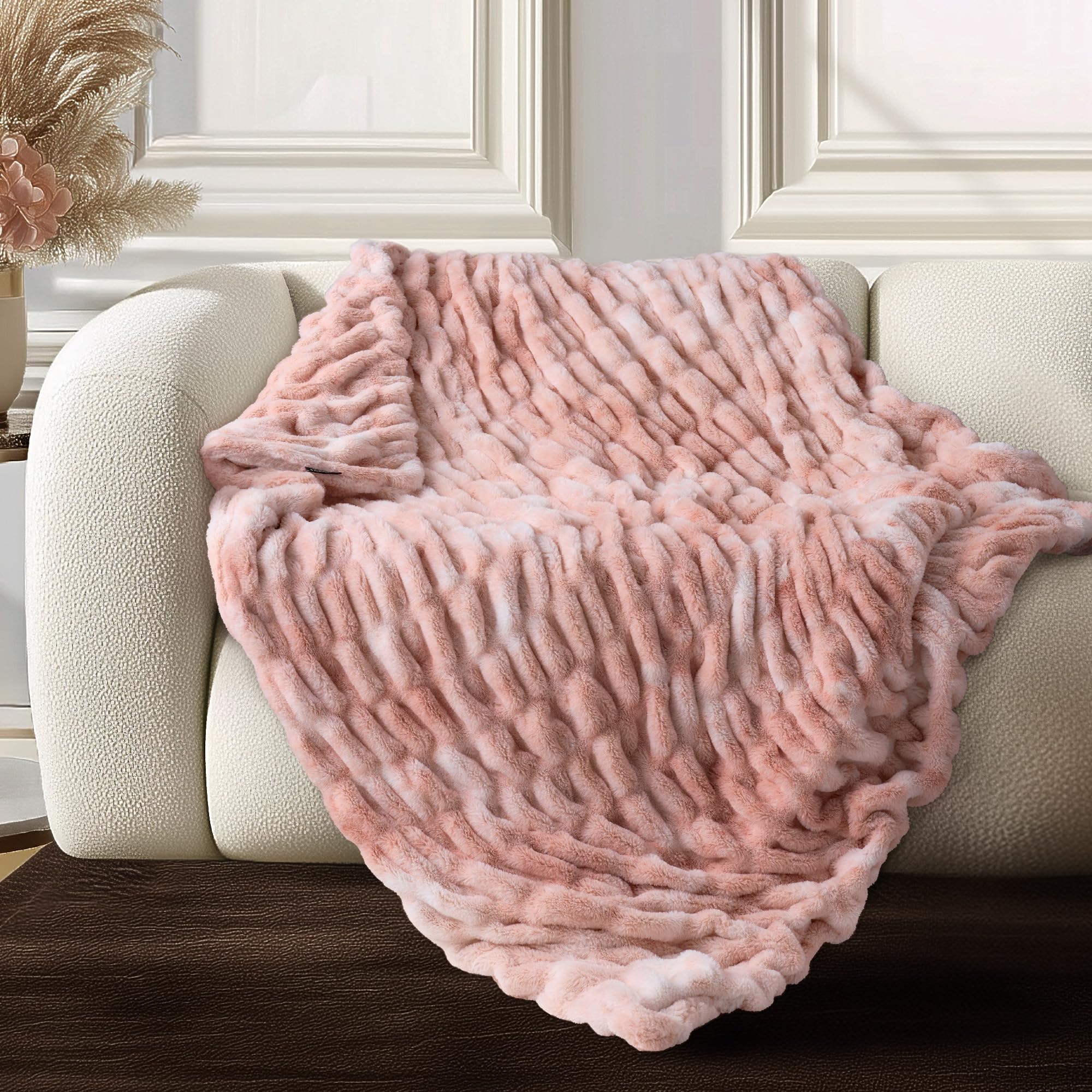 Ultra Soft Cozy Faux Fur Throw Blanket, Fuzzy Plush Thick Bubble Blanket, Oversize Luxury Fluffy Blanket for Couch, Sofa, Bedroom, and Living Room, 50x60 Inches, Light Brown