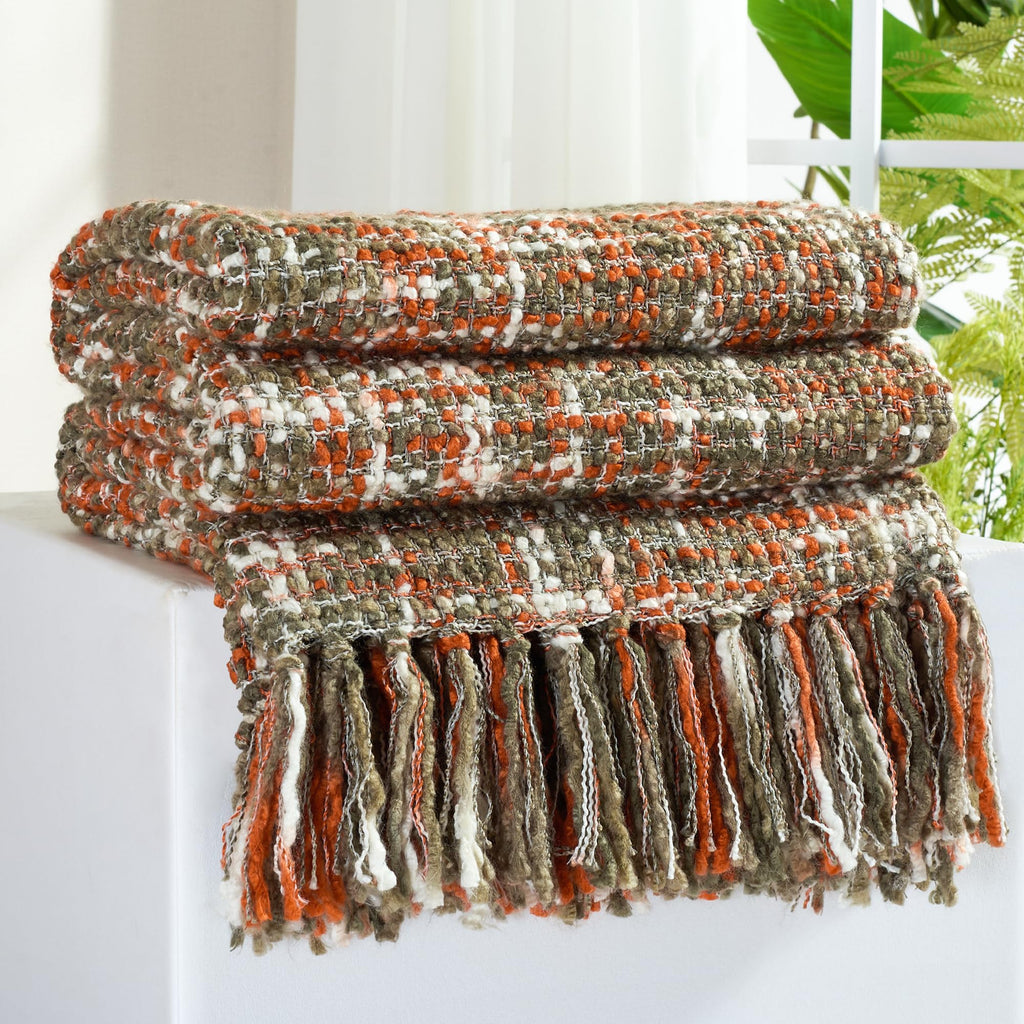 Multi-Color Green Cable Woven Throw Blanket for Couch,60"X80" Boho Style Textured Blankets for Home Decor,Super Soft Warm Cozy Chunky Blanket with Decorative Tassels for Bed and Sofa