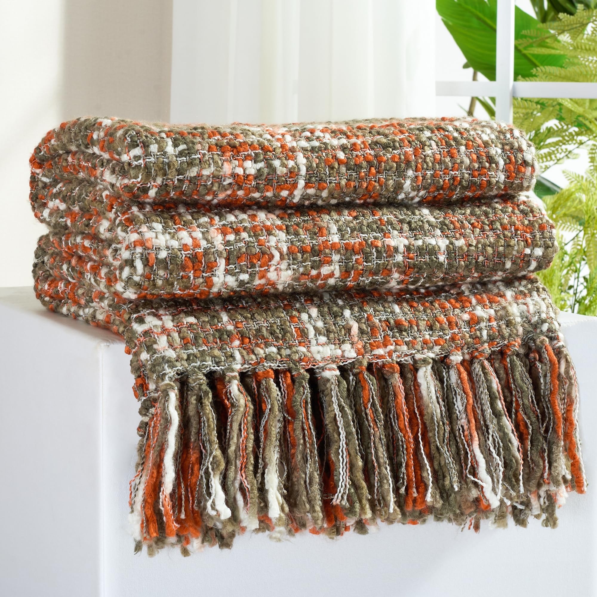 Multi-Color Green Cable Woven Throw Blanket for Couch,60"X80" Boho Style Textured Blankets for Home Decor,Super Soft Warm Cozy Chunky Blanket with Decorative Tassels for Bed and Sofa