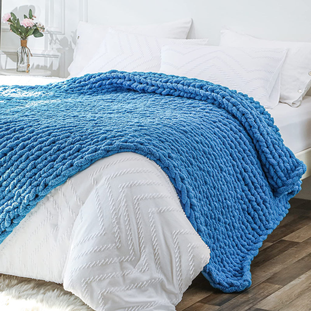 40×60" Beige Hand Knit Jumbo Chenille Chunky Knit Throw Blanket for Sofa & Bed