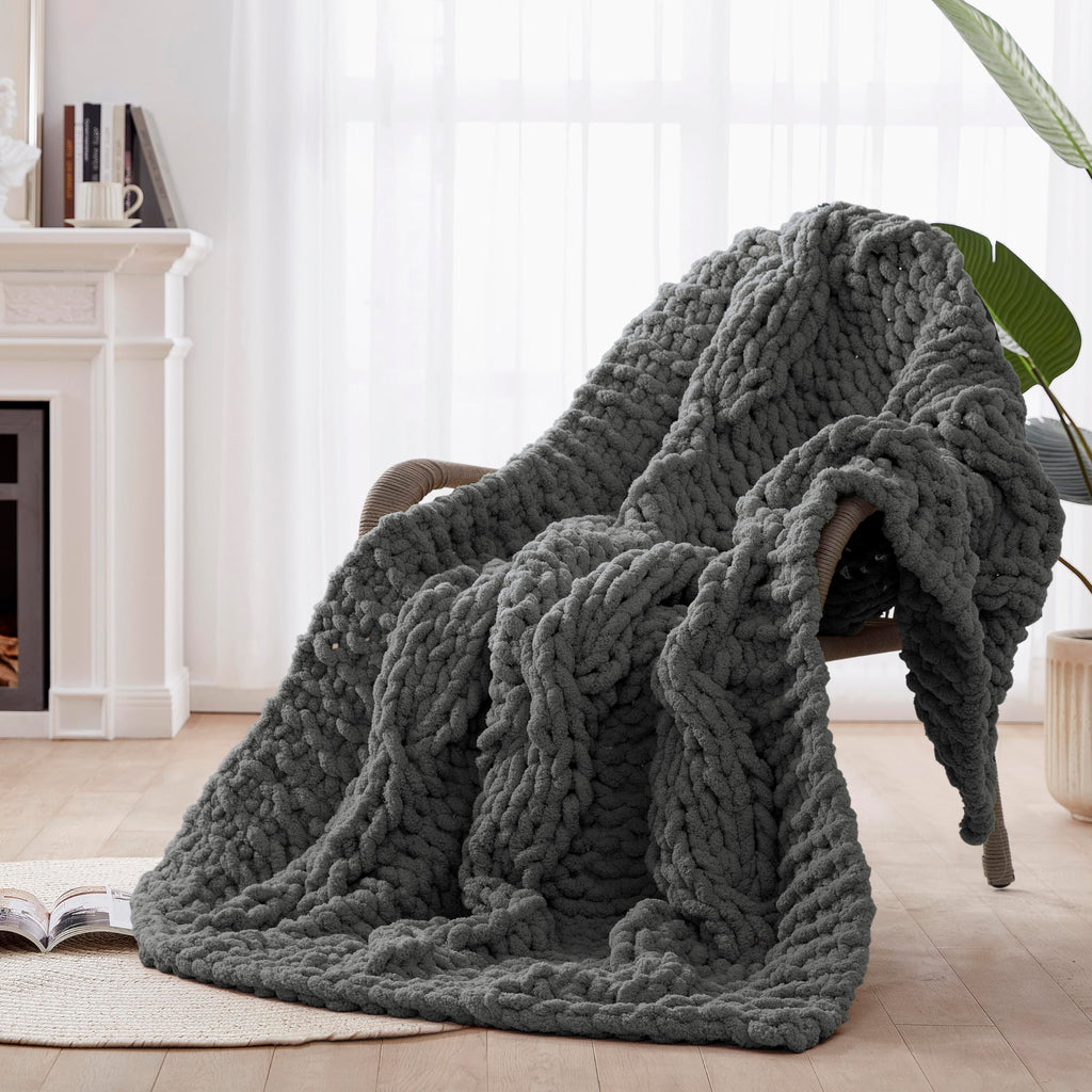 Chunky Knit Blanket Throw - 100% Hand Knitted Chunky Soft Throw Blanket for Couch, Thick and Warm Blanket for Winter, Purple, 50x60 Inches