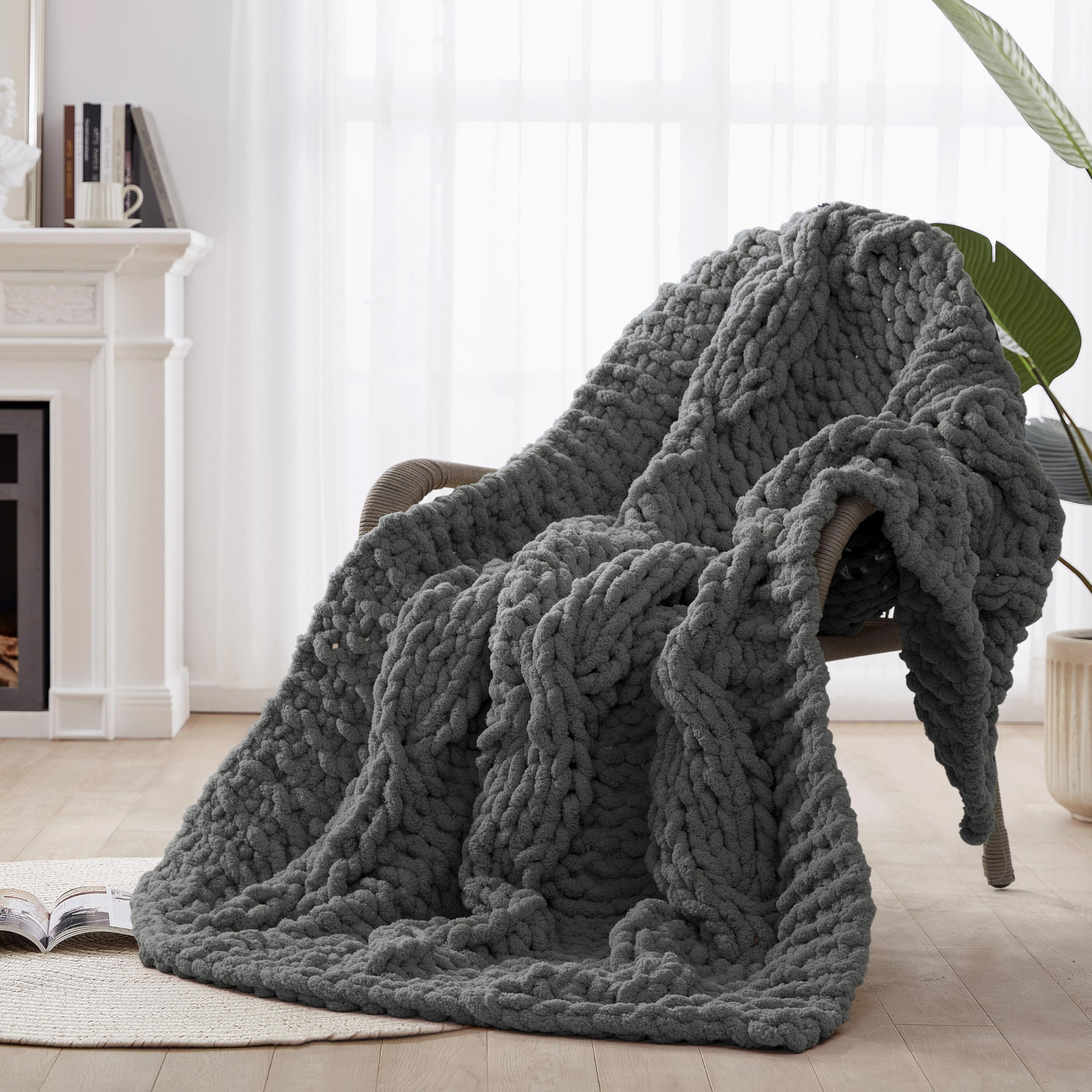 Chunky Knit Blanket Throw - 100% Hand Knitted Chunky Soft Throw Blanket for Couch, Thick and Warm Blanket for Winter, Purple, 50x60 Inches