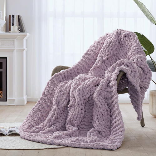Chunky Knit Blanket Throw - 100% Hand Knitted Chunky Soft Throw Blanket for Couch, Thick and Warm Blanket for Winter, Purple, 50x60 Inches