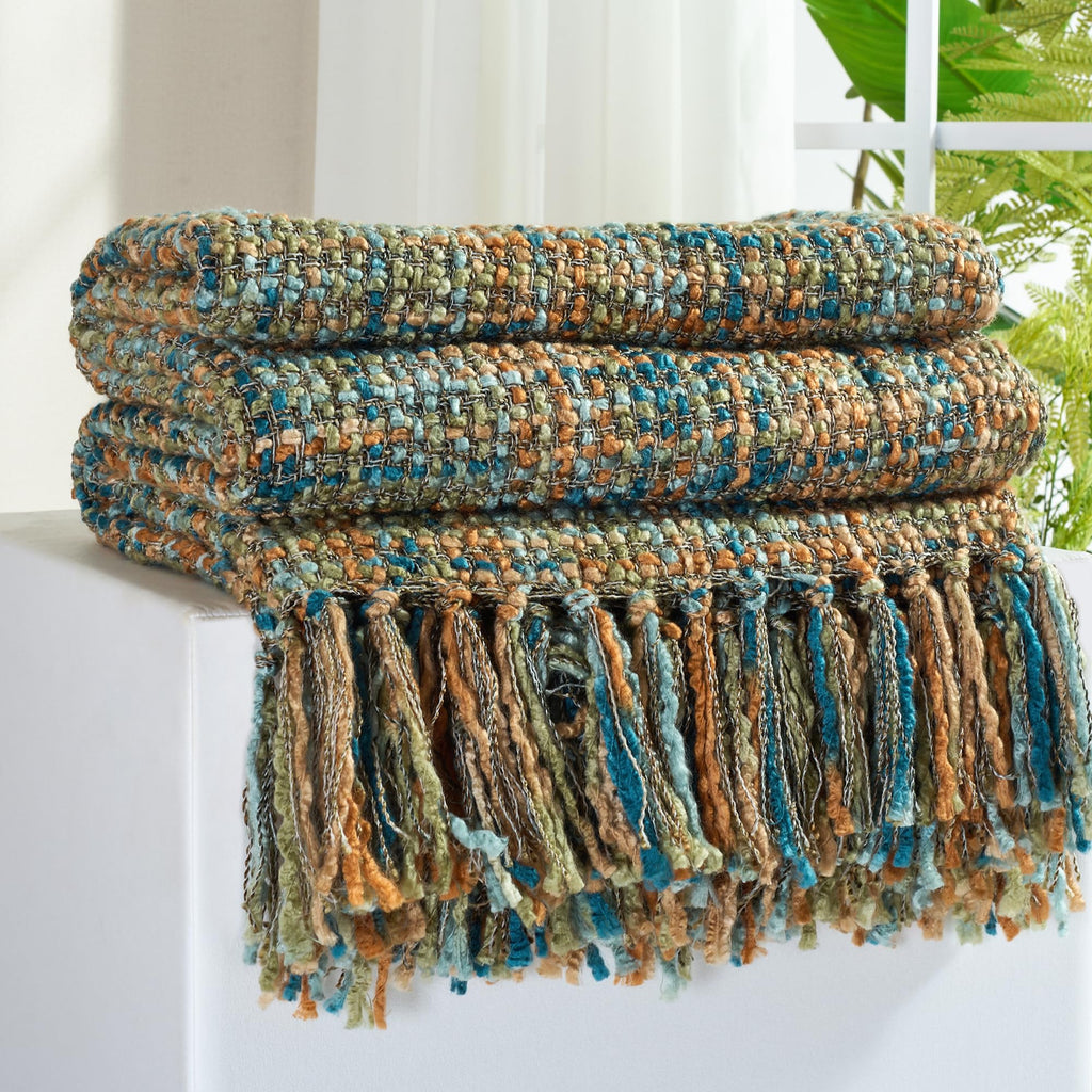 Multi-Color Green Cable Woven Throw Blanket for Couch,60"X80" Boho Style Textured Blankets for Home Decor,Super Soft Warm Cozy Chunky Blanket with Decorative Tassels for Bed and Sofa