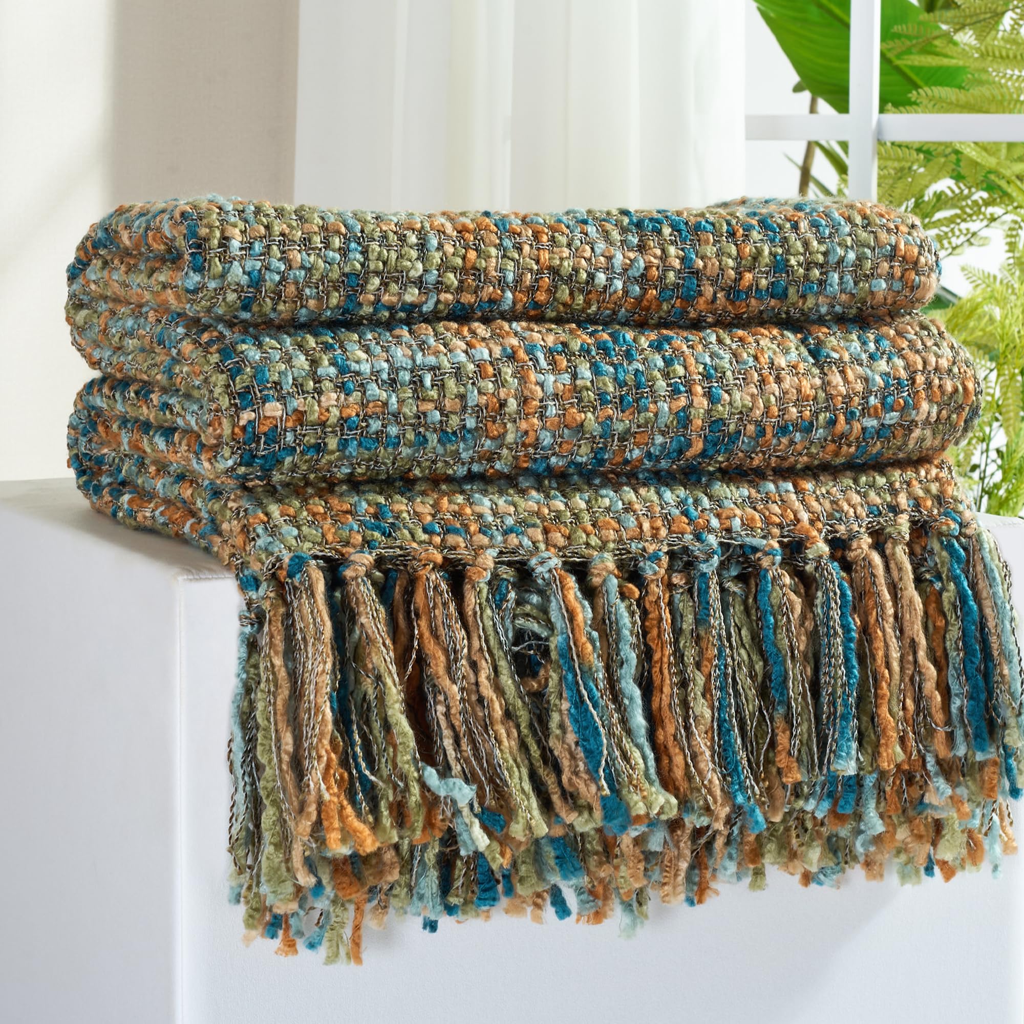 Multi-Color Green Cable Woven Throw Blanket for Couch,60"X80" Boho Style Textured Blankets for Home Decor,Super Soft Warm Cozy Chunky Blanket with Decorative Tassels for Bed and Sofa