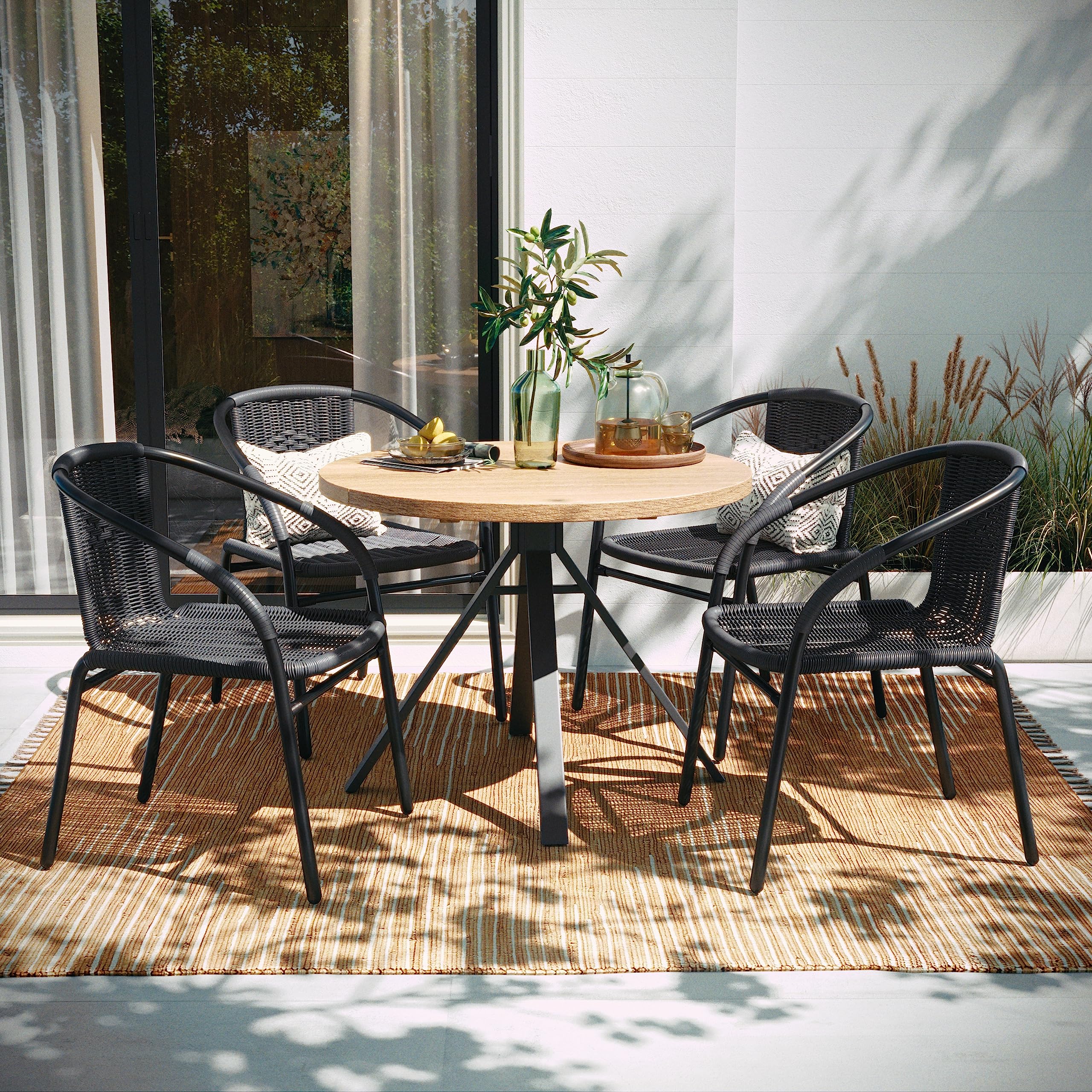 EMMA + OLIVER Set of 2 Modern PE Rattan Stack Chairs, Indoor/Outdoor Patio Dining Chairs, No Assembly Required, Brown