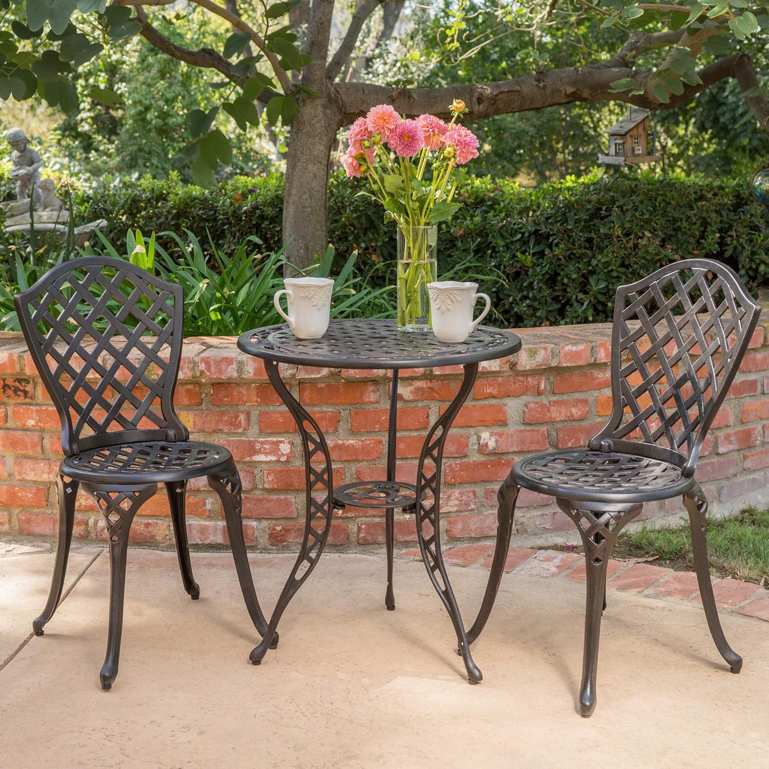 Outdoor Bistro Set Cast Aluminum - Traditional Garden Patio Furniture for Cafe Outdoor Dining - Black Round Table & Chairs Commercial Use