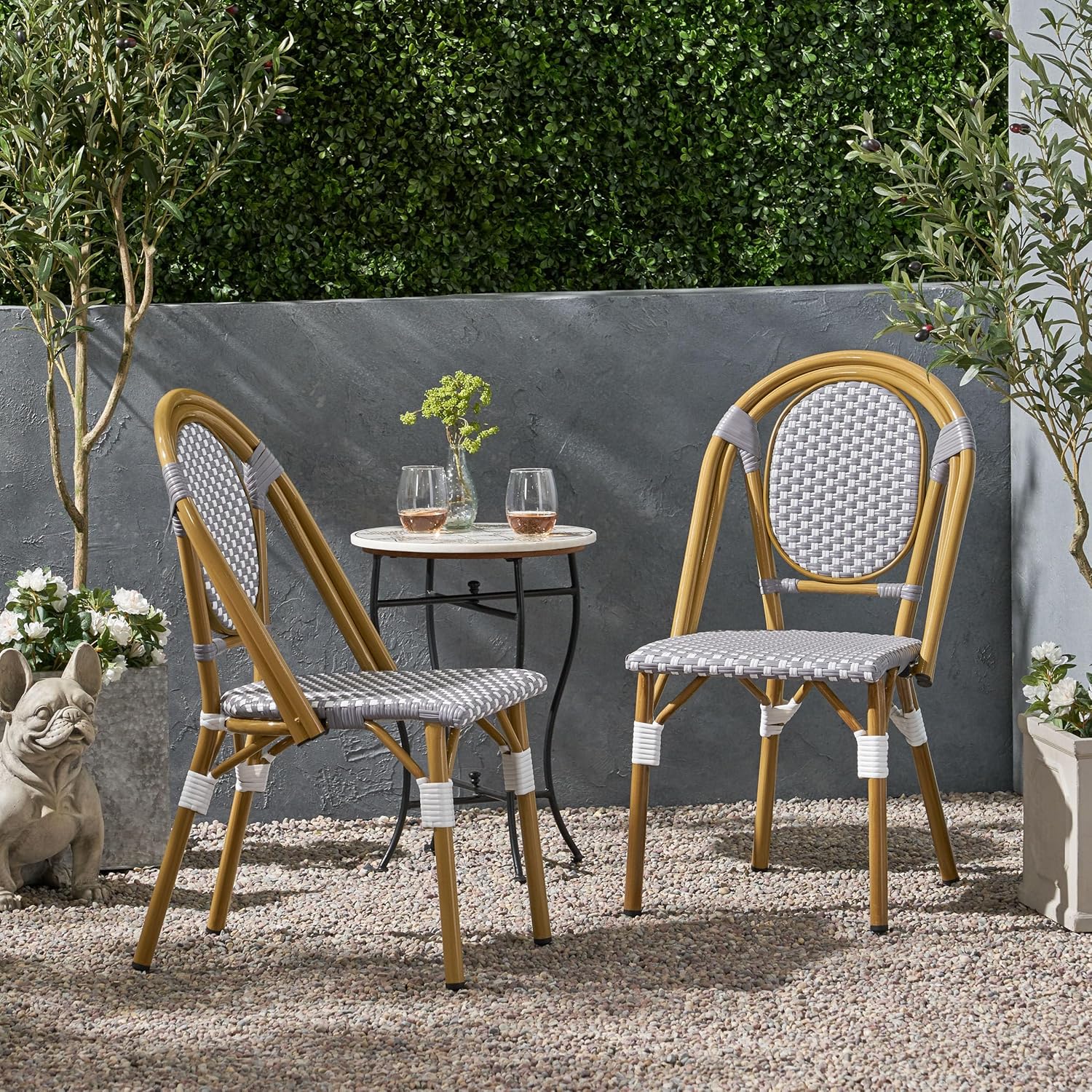 Merax French Bistro Outdoor Chairs Set of 2, Wicker Rattan Patio Dining Chairs with Aluminum Frame, Cafe Style Seating for Balcony, Patio, Gray